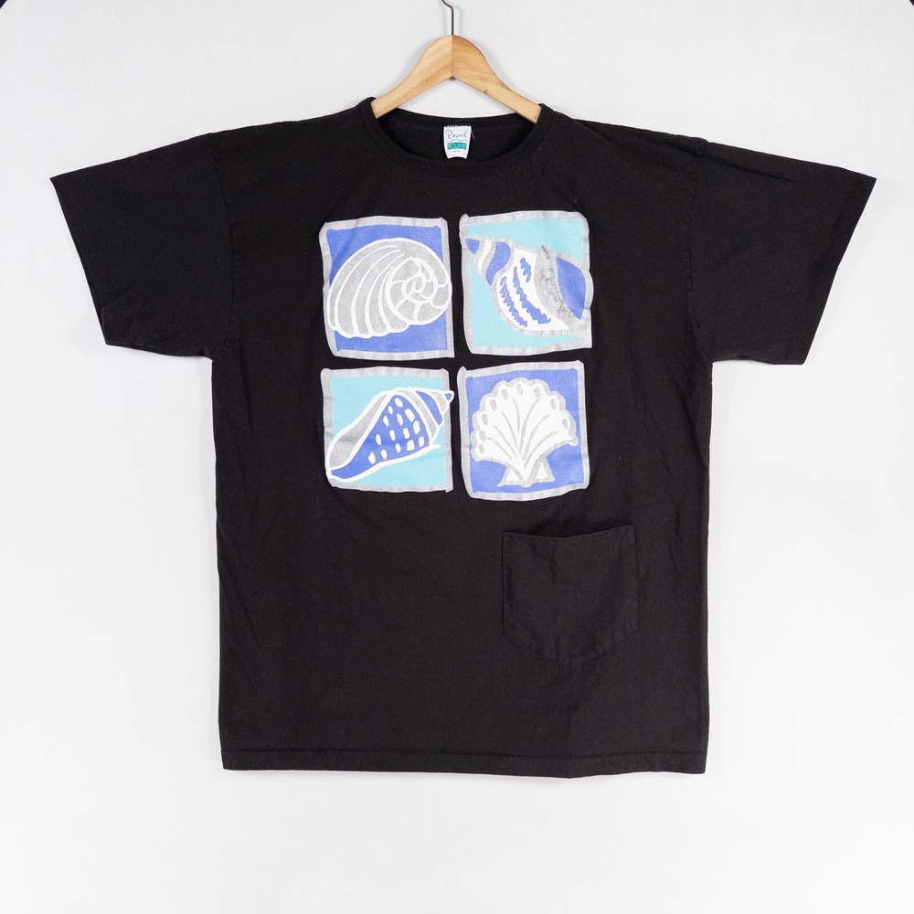 Vtg Beach Bound T-Shirt Women One Size Black Sea Shell Print Relaxed Cover Up